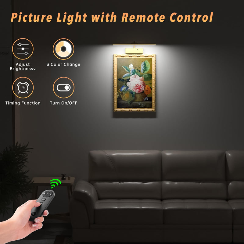 Picture Light with Remote, 15.35inch Wireless Rechargeable Battery Wall Light for Paintings, 3 Colors Paintings Light Dimmable and Timer Metal Art Light for Display, Wall, Artwork, Gallery (Gold) Gold - NewNest Australia