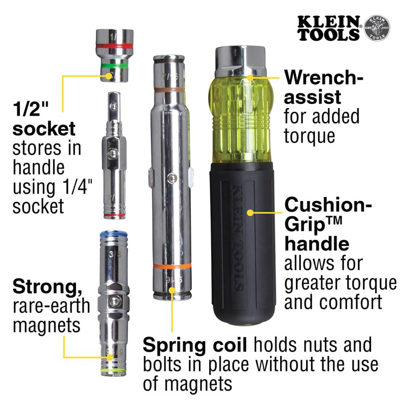 Klein Tools 32807MAG 7-in-1 Nut Driver, Magnetic Driver has SAE Hex Nut Sizes 1/4 to 9/16-Inch, Cushion Grip Handle for Added Torque