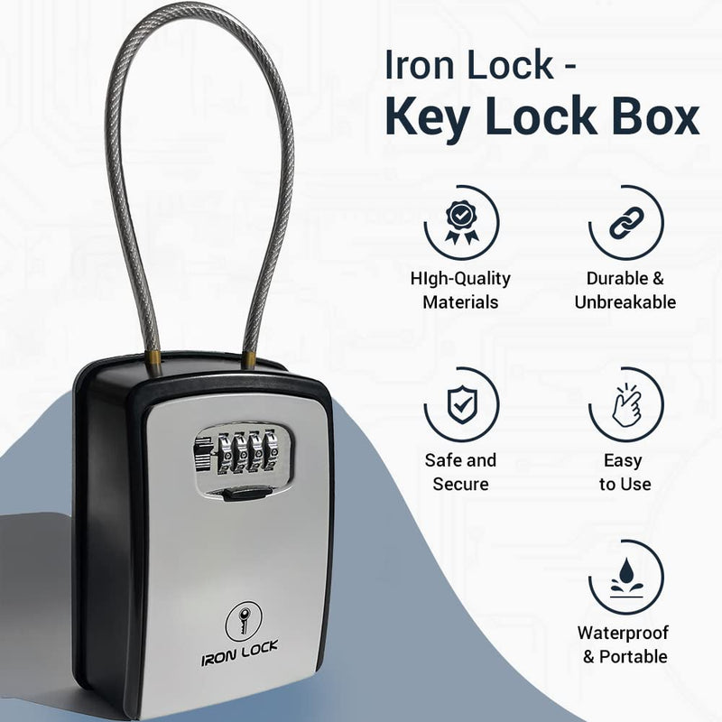 Iron Lock® Key Lock Box Portable with Cable Shackle & Wall Mount – Waterproof Heavy Duty Metal Lock Box for Keys with 4-Digit Combination Code on Door Knob, Fence, Pipe or Gate Extra Large (Grey, XXL) 2X-Large Portable Cable Grey