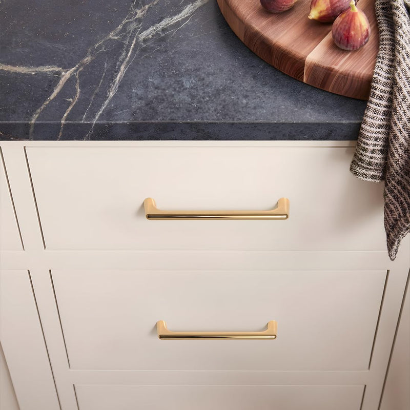 YAGU Modern 5 Pack Polished Brass Cabinet Pulls 5 Inch Hole Center Kitchen Drawer Handles Shining Golden Hardware for Bathroom Cupboard Dresser Wardrobe Closet 5 in hole centers