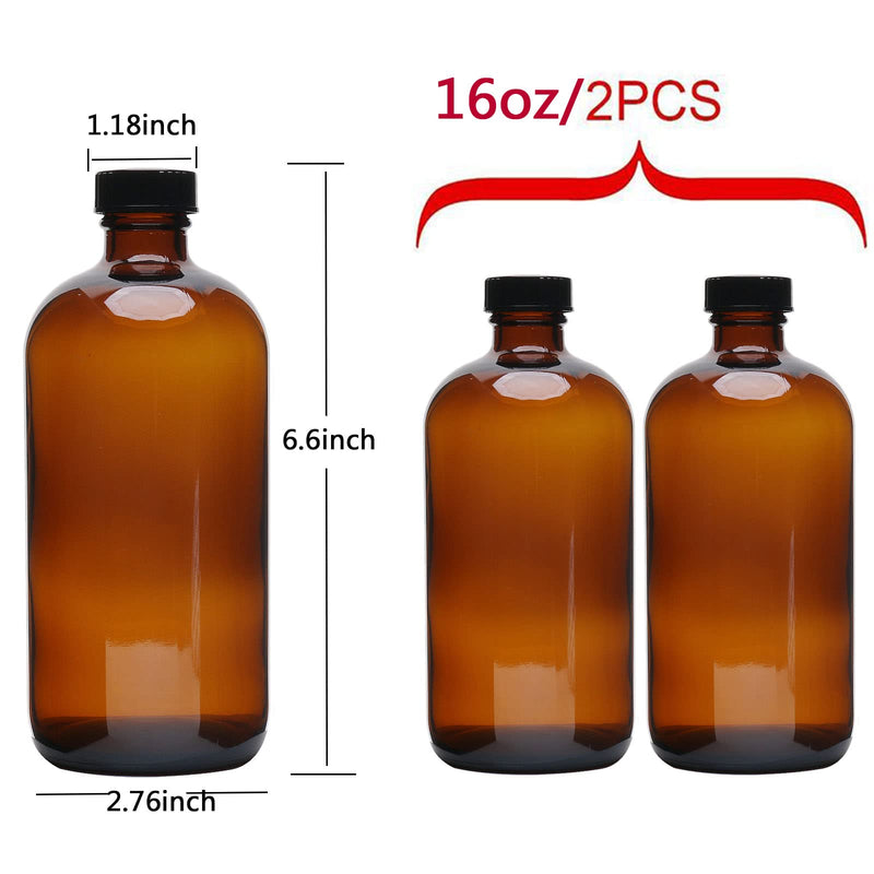 2pcs 16oz Amber Glass Boston Round Bottles with Air Tight Seal Phenolic Poly Cone Caps.Perfect Glass Containers for Secondary Fermentation,Storing condiment,Homemade Essential Oils,plant,kitchen - NewNest Australia