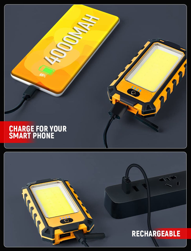 LED Rechargeable Magnetic Work Light 40W 1500Lumens, Hanging Hook 4 Lighting Modes, Job Site Lighting for Car Repairing, Camping, Hunting, and Hurricane (2, Orange) 2