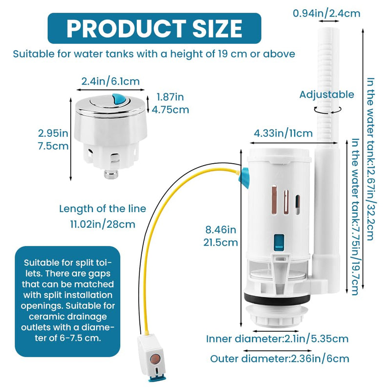 Toilet Dual Flush Valve with Push Button, Toilet Flush System Replacement Adjustable Universal 2" Outlet 280mm Cable Cistern Flush Replacement HK064