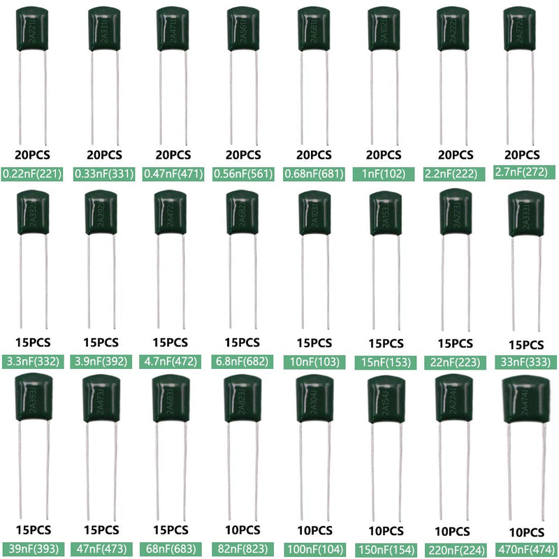 Tnisesm 375 Pcs 24 Value Metalized Mylar Polyester Film Capacitors Assortment Kit 0.22nF - 470nF 100V in a Box Tn-20-4
