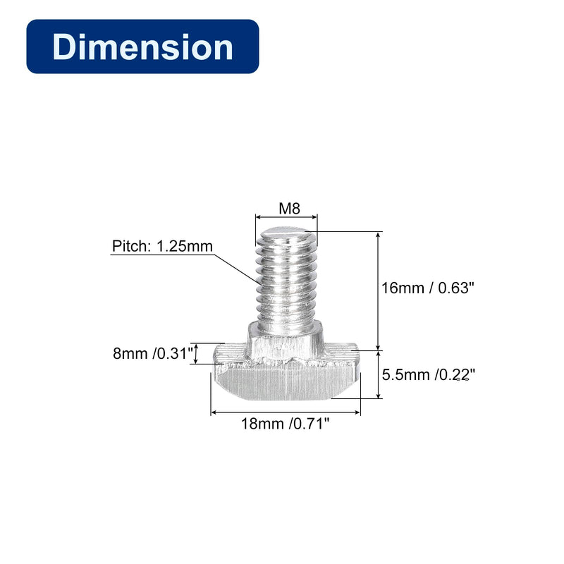 uxcell 20Pcs T-Slot Bolts, M8 x 16mm Hammer Head Bolt T Screw Drop-in Stud for 4040 Series T-Slot Aluminum Extrusion Profile, 304 Stainless Steel, Silver M8x16mm 20