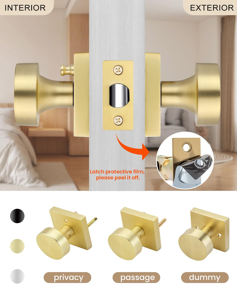 Haidms Gold Door Knob Interior, Heavy Duty Privacy Door Knob Zinc Alloy, Brushed Gold Interior Door Knobs for Bedroom Bathroom(1 Pack)