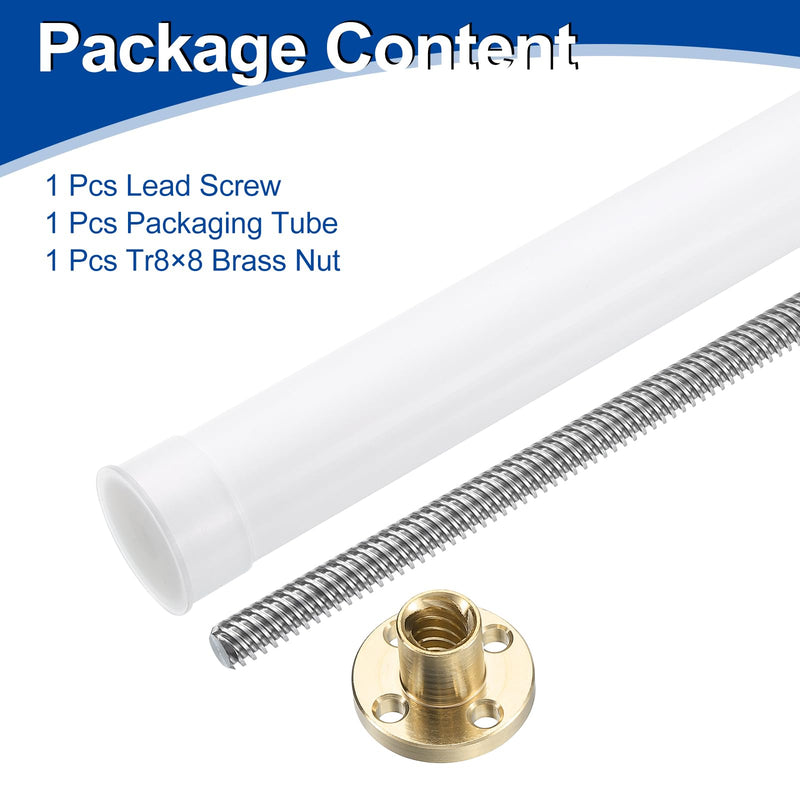 uxcell 1Pcs 350mm Tr8x8 Lead Screw with Brass Nut (Acme Thread, 2mm Pitch, 4 Starts, 8mm Lead), Stainless Steel 304 Screw Bar Printer Upgrade Parts with Plastic Packaging Tube, Silver