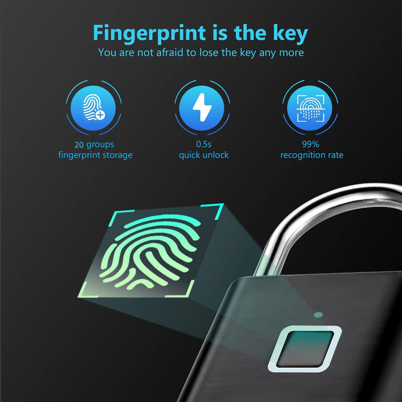 Fingerprint Padlock - Keyless Biometric Gate Locks for Outdoor Fence Storage Gym, Combination Lock USB Rechargeable Black Black with 20 Fingerprint