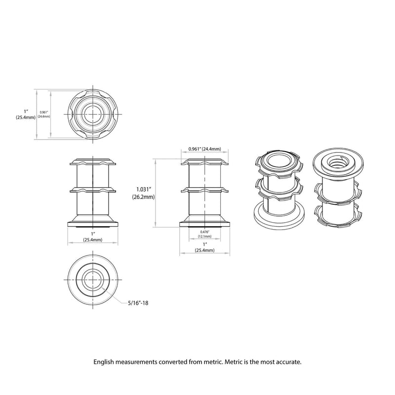 Outwater 1" Round Tube Caster Insert, 5/16-18 Thread, 20-Pack 20 Pack