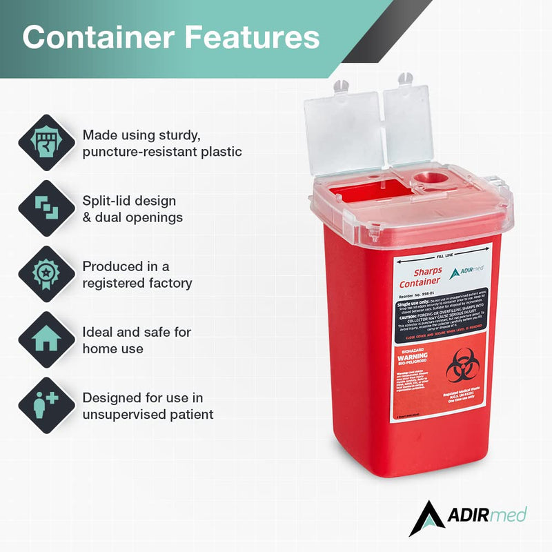 AdirMed Sharps Disposal Container with Flip Open Lid - Biohazard and Syringe Disposal Container - Ideal for Home, Clinic, Office, Barber Use with Flip-Open - (1 Quart, 6-Pack) 1 Quart 32 Fl Oz (Pack of 6)