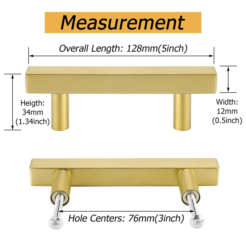 goldenwarm 10 Pack Gold Cabinet Handles 3 Inch Brushed Brass Drawer Pulls Brass Handles for Kitchen Cabinets - LS1212GD76 Gold Drawer Handles Dresser Drawer Pulls Gold Pulls, 5in Overall Length 3in hole centers