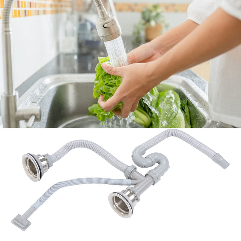 BORDSTRACT Kitchen Sink Drainer Pipe, Stainless Steel Sink Drain Kit, Flexible Drain Assembly With Double Drains Sewer Universal Pipe for Restaurant Home