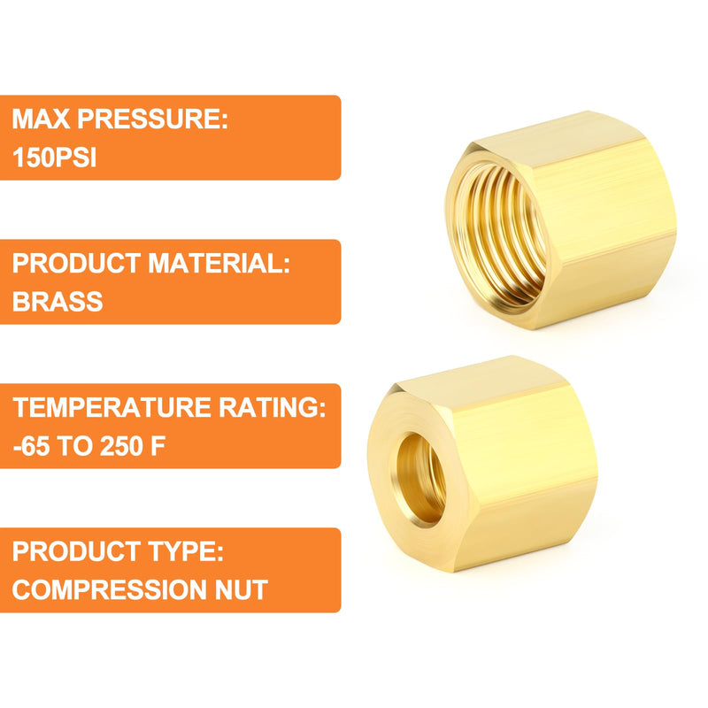 GASHER 20PCS Brass 1/4" Compression Fitting, Brass Compression Nut 1/4" OD(Compression Nut) 20