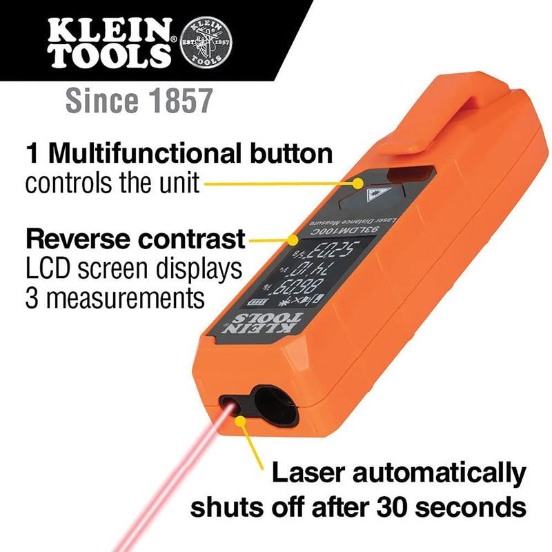 Klein Tools 93LDM100C Compact Laser Distance Measure, 100 Feet, Measures in Feet, Inches, Meters 100-Foot