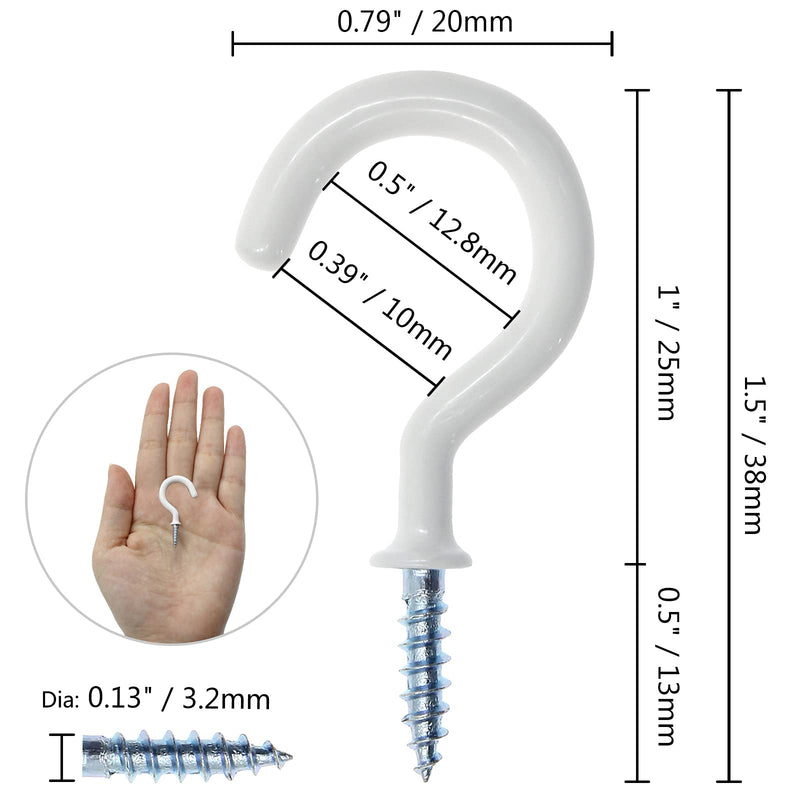 50Pcs 1-Inch Cup Hooks Ceiling Hooks, Plastic-Covered Metal Screw-in Hooks, White 1 Inch
