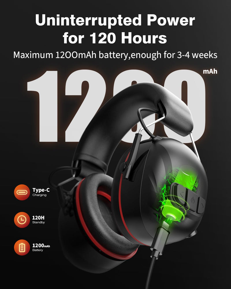 Bluetooth 6.0 Hearing Protection Headphones with 120H Working Time, 30dB SNR, Superior Stereo Sound Quality, Larger Buttons for Easy Operation, Safety Ear Muffs for Lawn Mowing, Workshops Black Polyvinyl Chloride
