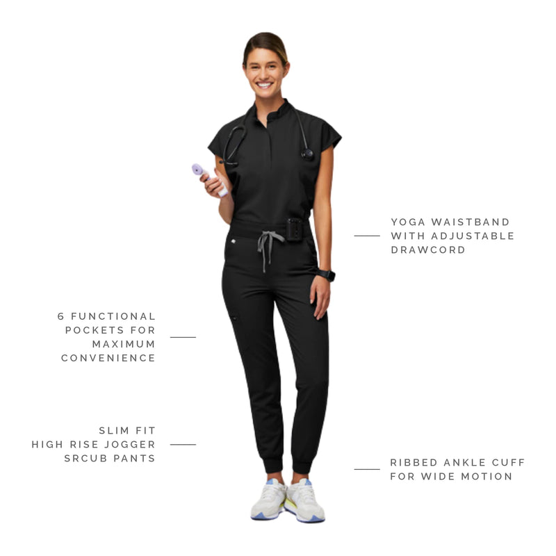 FIGS Zamora High Waisted Jogger Style Scrub Pants for Women — Slim Fit, 6 Pockets, High Rise Yoga Waistband Women Scrub Pants Regular Small Black