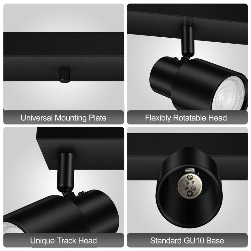 Plug-in Track Lighting LED, Track Light Fixtures Ceiling, Black 3-Light Track Lights for Kitchen, 3 Way Ceiling Spotlight, Rotatable Wall Mount Light Head for Bedroom Hallway, Bulb Not Included 3-Light Track Lighting(Black)