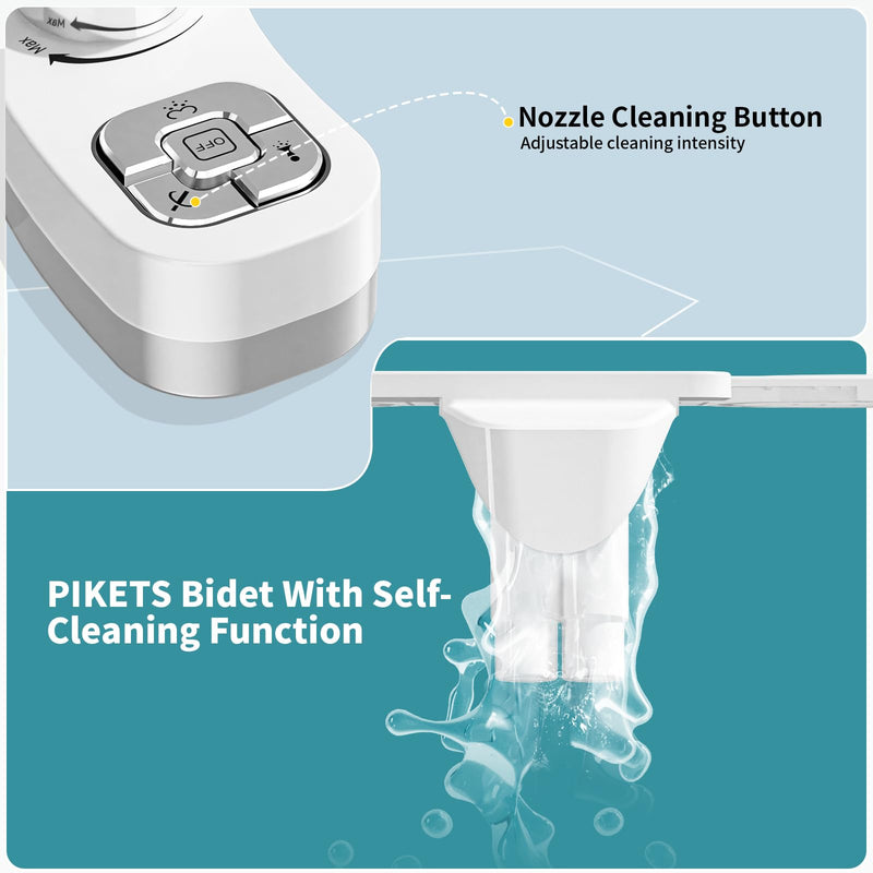 PIKETS Bidet Attachment for Toilet, Dual Nozzle (Frontal and Rear Wash) Non-Electric Fresh Water Toilet Seat Attachment with Nozzle Self Cleaning, Adjustable Water Pressure(Chrome Silver) Chrome Silver