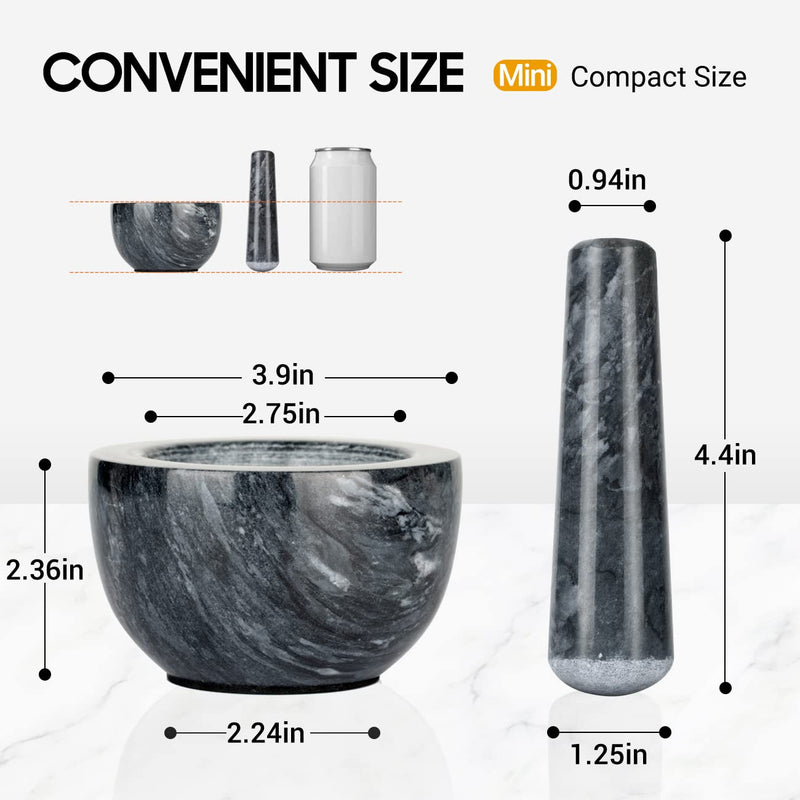 Tera Mortar and Pestle Set Natural Marble Grinder Spice Herb Grinder Pill Crusher Black 3.9in CY0271