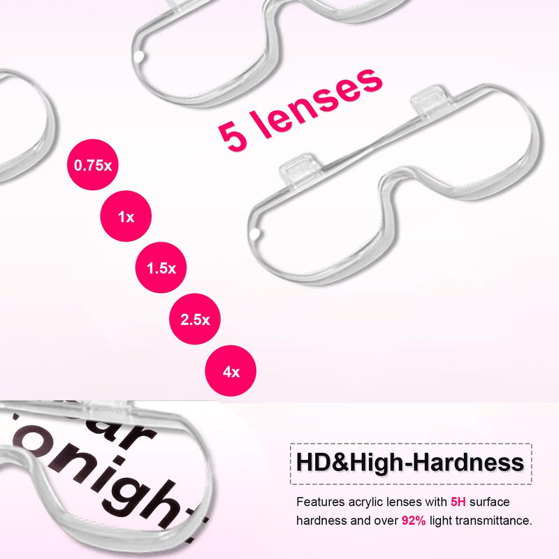 Professional Magnifying Glasses Headset with 5 Detachable Lenses 0.75X-4.0X & 3 LED Lights, Rechargeable Hands-Free Headband Magnifier for Close Work, Jewelry Crafts Hobby (Pink) Pink