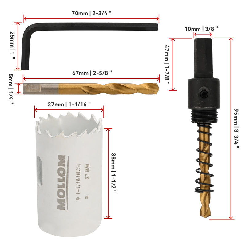 (27mm | 1-1/16") HSS M42 with 8% Cobalt BI-Metal Hole Saw with 2 Pilot Drill Bits & Arbor Smooth Cutting for PVC,Drywall,Wood,Plastic,Gypsum Board,Rubber 27mm | 1-1/16"