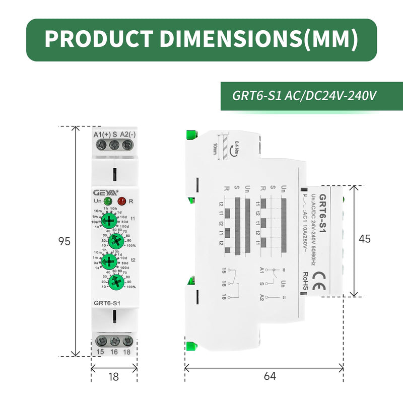 GEYA 10A Asymmetric Cycle ON/Off Repeat Cycle Timer Relay 1SPDT DIN Rail(GRT6-S1,AC/DC 24V-240V) AC/DC24V-240V Grt6-s1