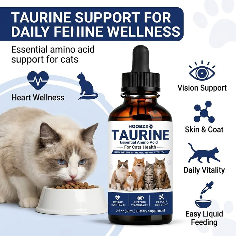 Taurine Supplement for Cats Liquid Drops – Daily Heart & Vision Wellness Support for Indoor Cats, Senior Cats & Picky Eaters – Easy-to-Mix Taurine Formula – 60 mL