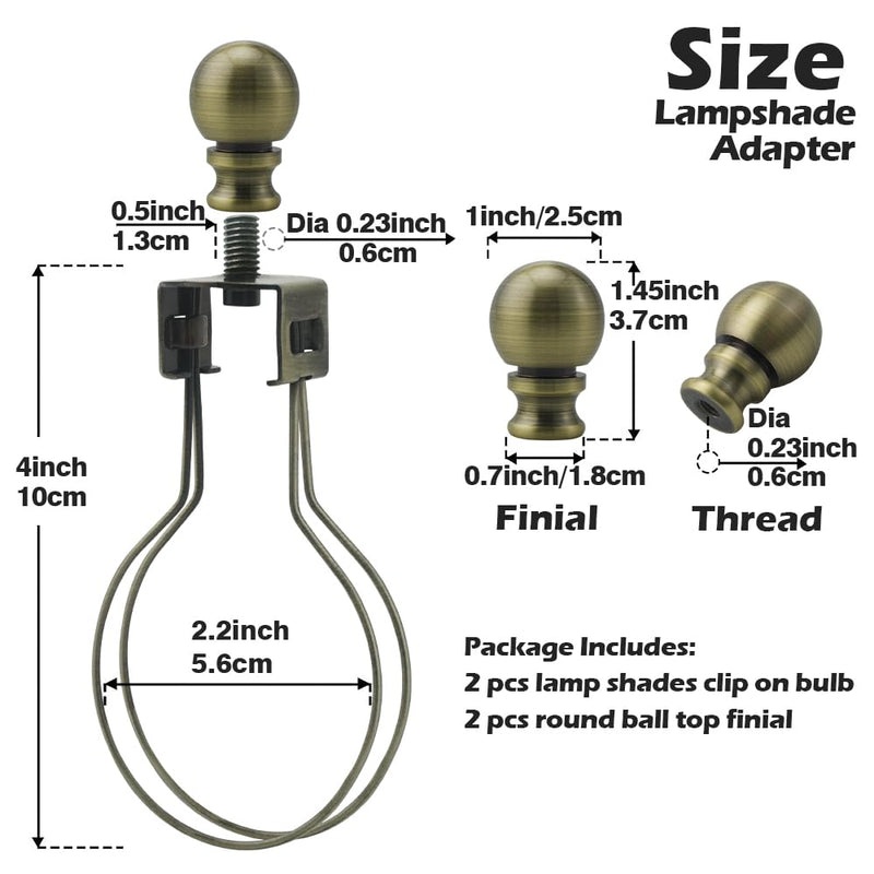 2Pcs Lamp Shade Light Bulb Clip Adapter Kit, Bronze Lampshade Holder Adapter with Round Top Finial, No Harp Required, Clip on Bulb, DIY Replacement Repair Table & Floor Light Metal Parts Metal Ball Finial