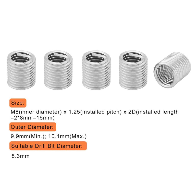 100pcs Stainless Steel SS304 Coiled Wire Helical Screw Thread Inserts M8 x 1.25 x 2D Length for Helical Repair