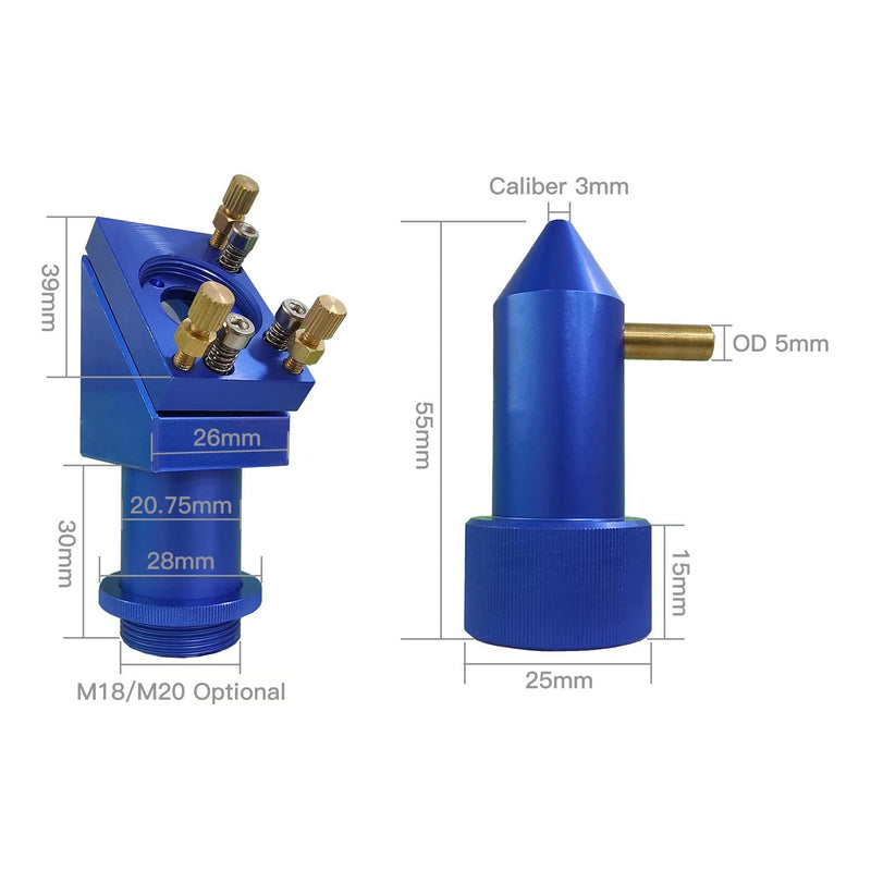 K40 CO2 Laser Head Set with 1st & 2nd Mirror Mounts, Dia.20mm, FL.50.8mm, for 20-40-60W Laser Engraving/Cutting Machines, Blue D20 FL50.8