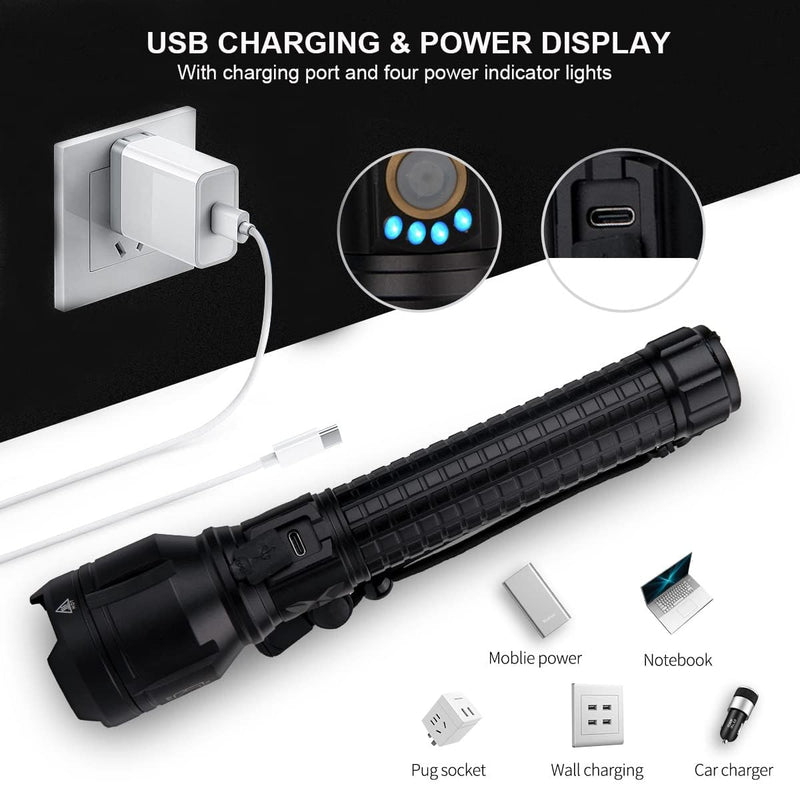 LBE Rechargeable Brightest LED Flashlight, 90,000 High Lumens Super Bright Powerful Flashlight with 5 Modes, IPX7 Waterproof Handheld Large Flash Light for Emergencies Camping