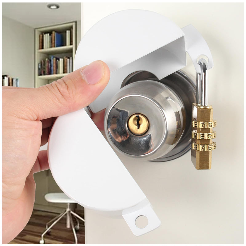 Door Knob With Lock，Without Drilling door handle lock，From Outside Prevents Turning of Door Knob and Access to Keyhole,for Apartment Evictions，dementia patients ,Childproof (White with padlock) Gray matte white