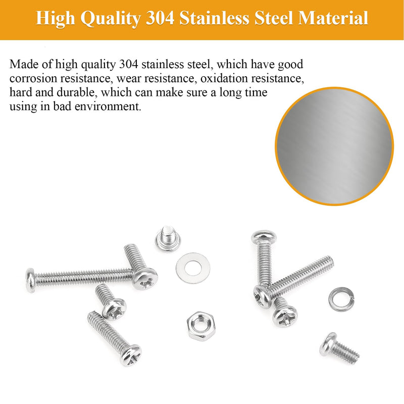 565 Pieces M3 Machine Screws Nuts Washers Set, Sutemribor M3 x 4/6/8/10/12/16/20mm Phillips Pan Head Machine Screws Nuts Washers Assortment Kit, 304 Stainless Steel, Fully Threaded