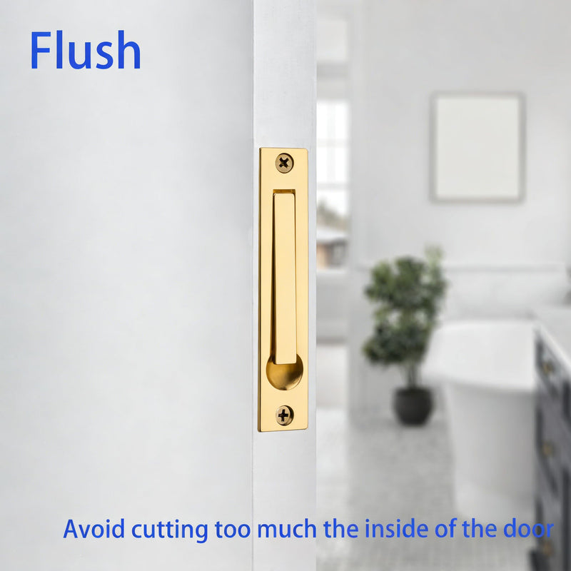 Dontay Pocket Door Keyed Lock with Handles, Round Contemporary Entrance Sliding Barn Door Lock Latch, Recessed 2 Sided, 2-3/8 inch Backset, Flush Handles Hardware(Satin Brass,1) Satin Brass 1