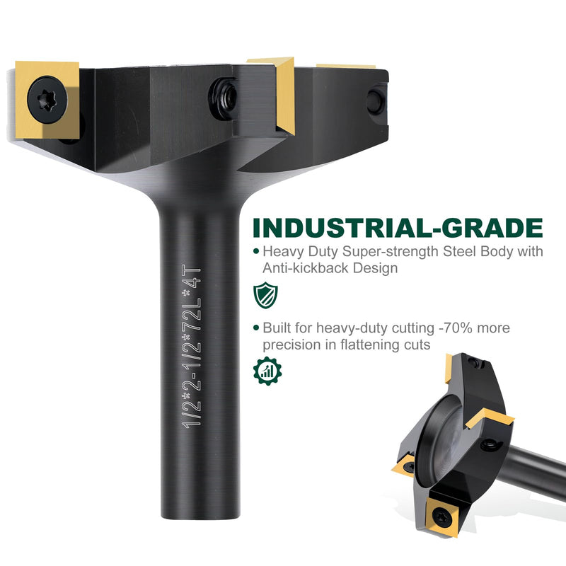 CNC Spoilboard Surfacing Router Bit 1/2'' Shank 2-1/2'' Diameter | 4 Wings Slab Flattening Router Bits with 12mm Titanium Coated Carbide Insert Wood Router Planing Bit Woodworking Tools TiN Coated 1/2" Shank-2-1/2" Cut Dia. (4 Inserts)