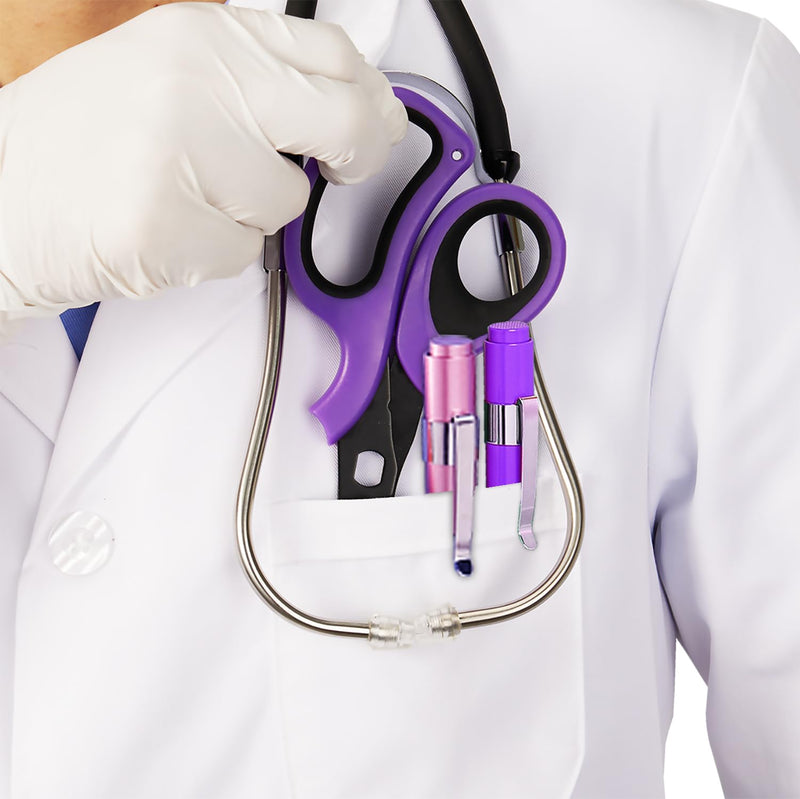 MEUUT 3 Pack Medical Scissors and penlights for Nurses with Four Batteries-One 8" Patented Trauma Scissor Bandage Scissor Two LED Pen lights for Nurse Doctor EMT First Aid Purple Scissor+purple&pink Penlight
