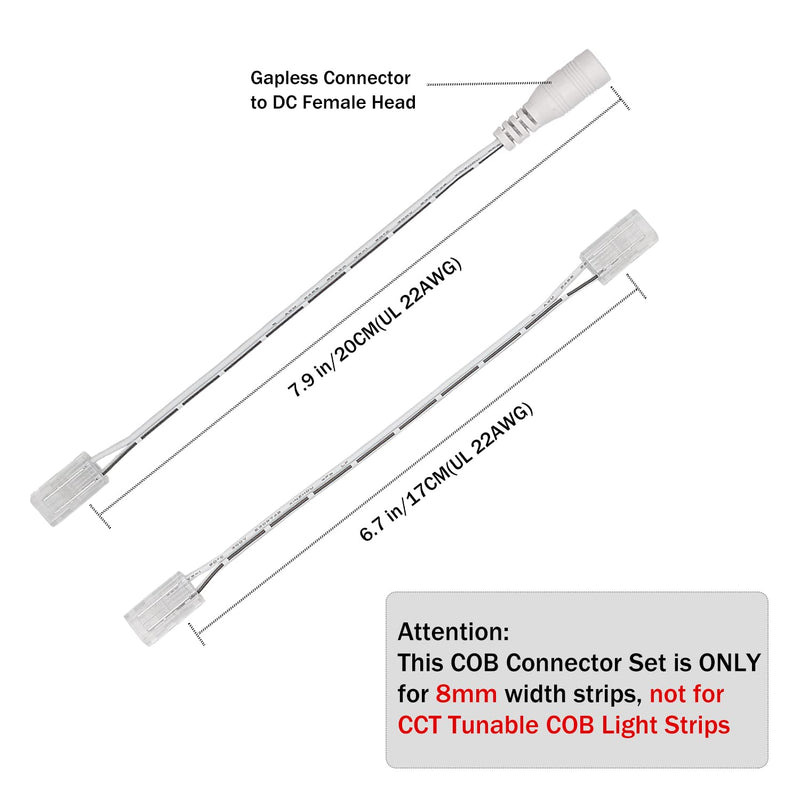 PAUTIX 8mm Connectors for 2-Pin COB LED Strip Lights,4pcs Transparent Gapless Connectors,4pcs Dual End,1pc Single to DC Female Plug 7.9in Extension Wire,2pcs L-shaped Connectors,1pc T-shaped Connector 8mm Cob Connectors/Upgraded Set