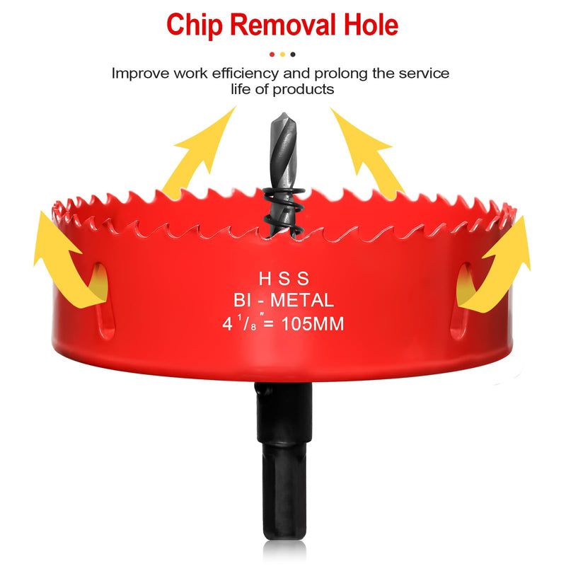 Hole Saw 4 1/8” (105mm) for Wood and Plastic, HSS Bi-Metal Hole Cutter Core Drill Bit for Drywall, PVC Boards, Fiberglass and Vent Pipes Red 4-1/8"(105mm)
