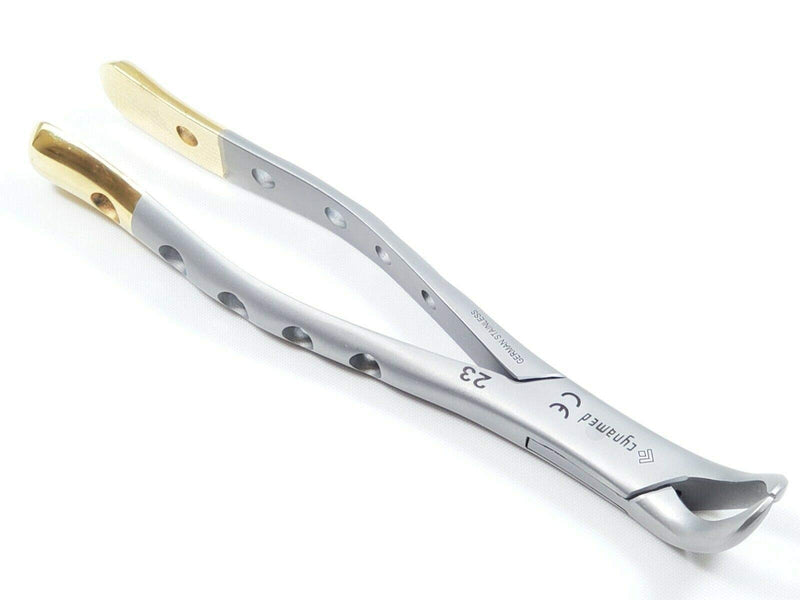 Gold Handle Premium Grade Dental Extracting Extraction Forceps Lower Molars Cow-Horn Beak #23 Dental Extracting Forceps -Cynamed
