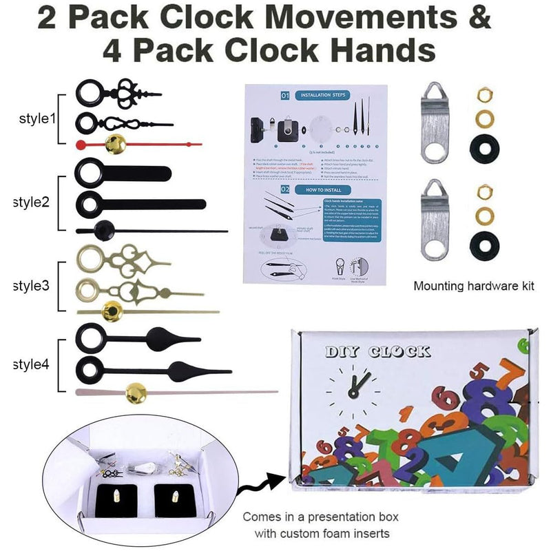 EMOON 2 Pack Clock Movement Mechanism with 4 Pairs of Short Hands Battery Silent Sweep Operated Quartz Clock Motor Kit DIY Repair Parts Replacement, 3/4 Inch Total Shaft Length Total Shaft Length 3/4 in