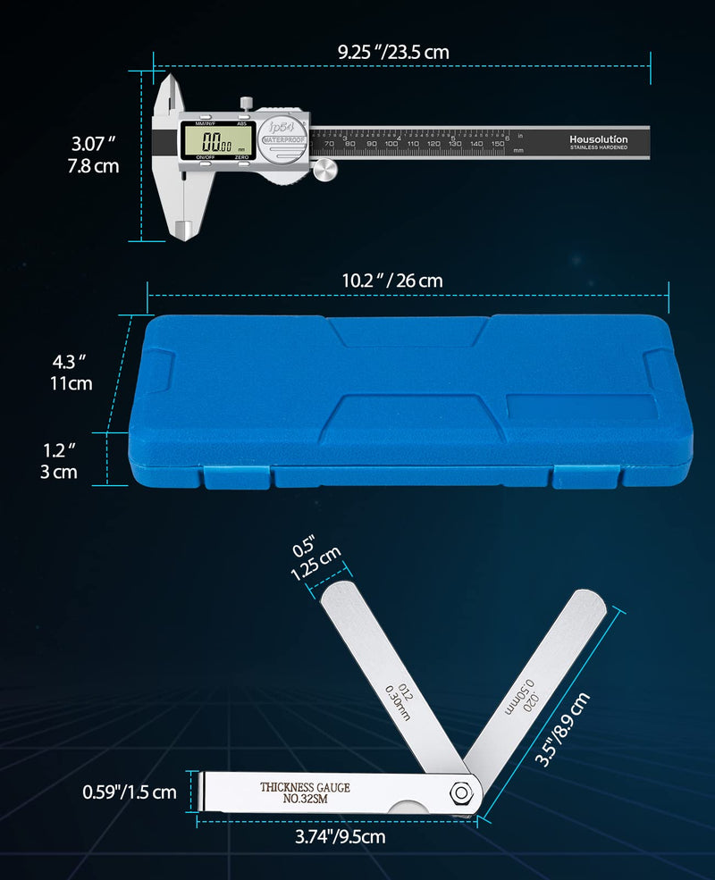 Digital Caliper 6 Inch, (ABS) Absolute Scale Caliper, IP54 Caliper Measuring Tool, Inch/MM/Fraction, Auto-Off LCD Stainless Steel Waterproof Micrometer Vernier Caliper, with Feeler Gauges ABS ABS-150mm