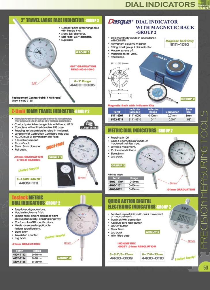 HHIP 4400-1100 Pro Series AGD Group 2" Dial Indicator, .0005" Graduation, 0-100 Reading, 0-1" Range 0-1" Range, .0005" Graduation