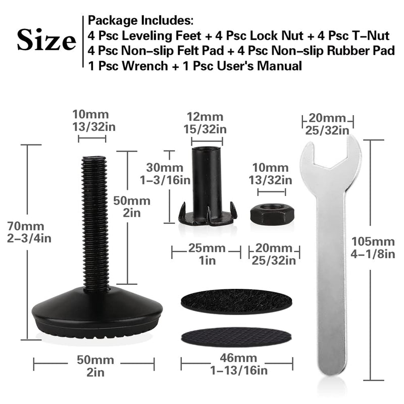 4 Set M10 Adjustable Leveling Feet, Heavy Duty Height Adjuster Furniture Leveler Foot With T Nut, Screw On Cabinet Restaurant Table Chair Self Levelers Leg (2" Base Dia & Thread Length, Black) Black Stable Leg Levelers