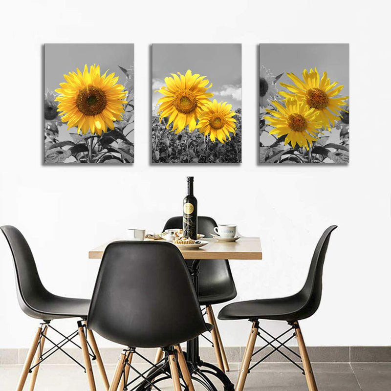 USIXA Sunflower Wall Art for Living Room Black White Flowers Wall Decor Yellow Floral Canvas Prints Painting Wood Frame with Hook Decorative Botanical Blossom Picture Artwork in 3 Panels 12×16 Inches