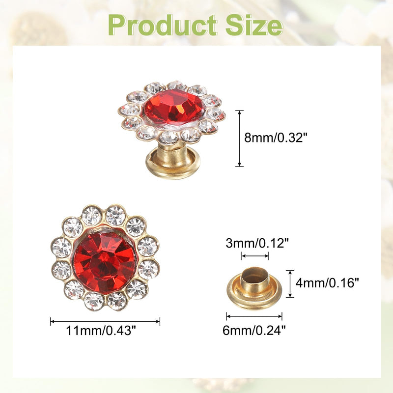 HARFINGTON 100 Set Rhinestone Rivets Studs 11mm Crystal Rivets Sun Flower Diamond Spots Leathercraft Studs for Clothing Leather Fabric Decoration, Red