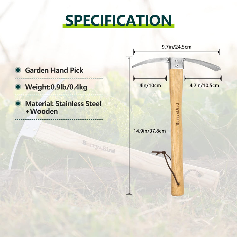 Berry&Bird Gardening Pick Axes, Stainless Steel Pickaxe Mattock Hoe with Wooden Handle, Heavy Duty Pick Axe Hand Tool for Transplanting Digging Planting Loosening Soil Camping or Prospecting Lenght:14.9inch