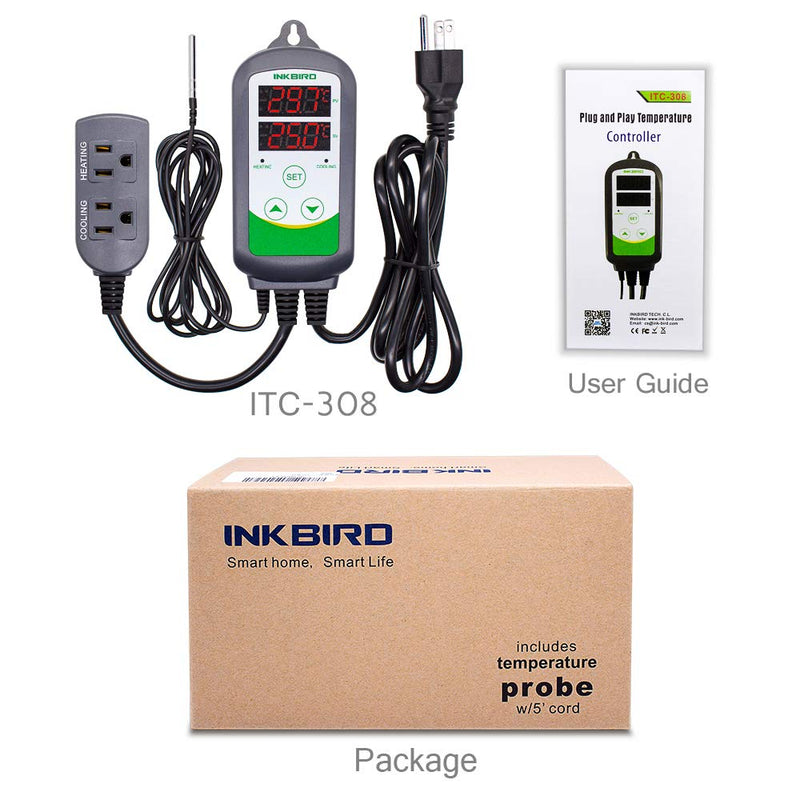 Inkbird ITC-308 Digital Temperature Controller 2-Stage Outlet Thermostat Heating and Cooling Mode Carboy Homebrew Fermenter Greenhouse Terrarium 110V 10A 1100W Non-WiFi ITC-308