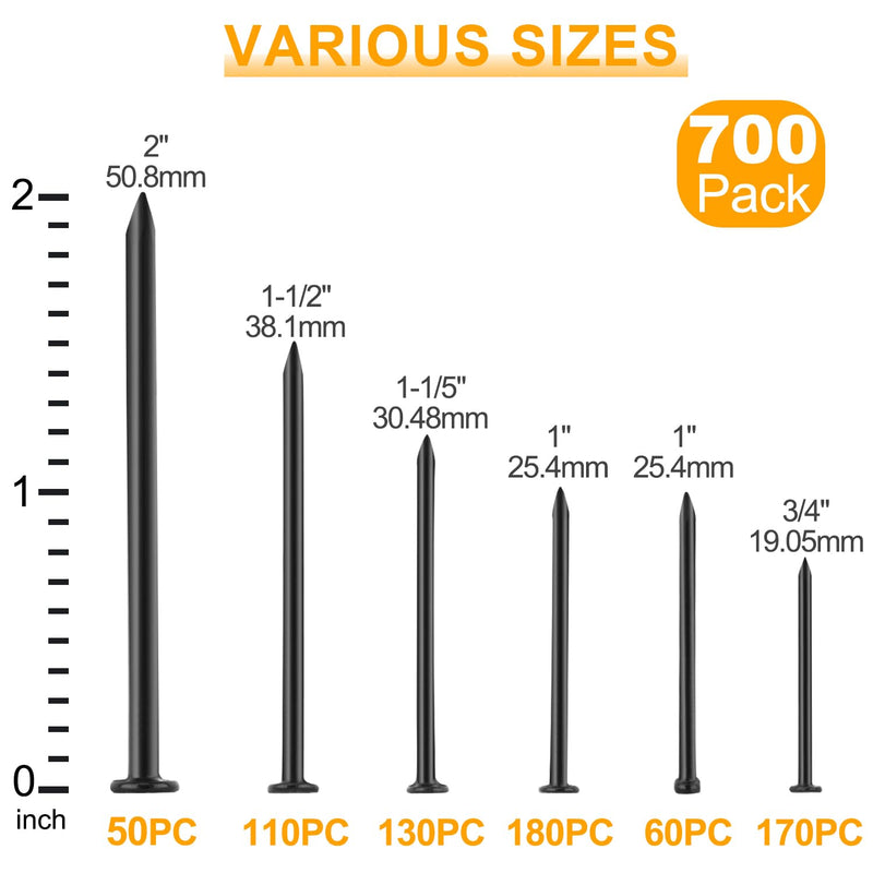 KURUI Hardware Nails for Hanging Pictures Assorted Kit,700pc Black Picture Hangers for Photo Frame Art Canvas, 6 Sizes Small Finish Nails Assortment Kit,640 Frame Nails and 60 Wall Finishing Nails 700Pcs Black Nails