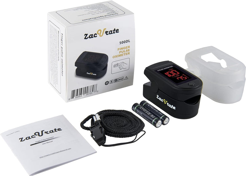 Zacurate Pro Series 500DL Fingertip Pulse Oximeter Blood Oxygen Saturation Monitor with Silicone Cover, Batteries and Lanyard (Royal Black) Royal Black - LED